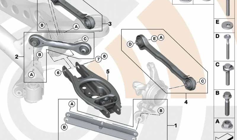 Kit de reparación brazo de suspensión derecho OEM 33322406288 para BMW E81, E82, E87, E88, E90, E91, E92, E93. Original BMW.