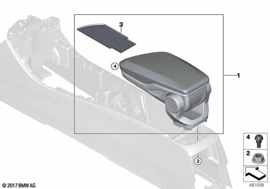 Center armrest with decorative stitching for BMW 2 Series F45, F46, X1 F48, F49, X2 F39 (OEM 51169317571). Original BMW