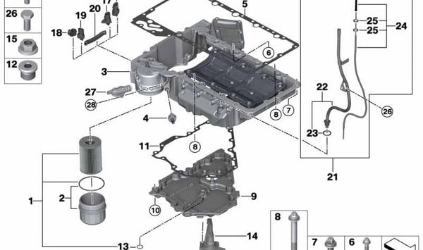 Junta cárter de aceite OEM 11138601061 para BMW G11, G12 750i y 750Li con motor N63R. Compatible desde 2015 hasta 2019. Repuesto original BMW.