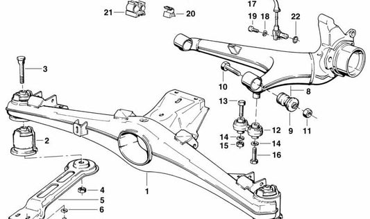 Soporte trasero del eje OEM 33311126011 para BMW E28 y E24. Compatible con modelos 520i con cambio manual o automático (producción 1981-1987). Repuesto original BMW.