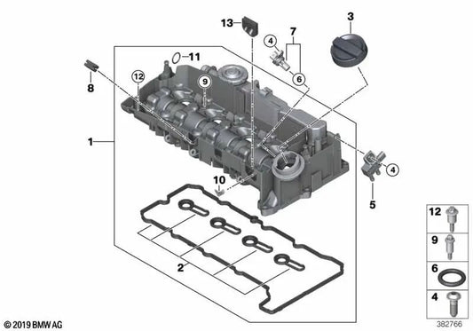 Cylinder head cover for BMW 1 Series F40, 2 Series F44, F45N, F46N, X1 F48, F48N, X2 F39 (OEM 11128579961). Genuine BMW
