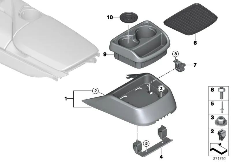 Rear center console cup holder for BMW I12, I12N (OEM 51169284725). Original BMW.