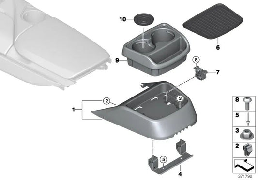Rear center console cup holder for BMW I12, I12N (OEM 51169284725). Original BMW.