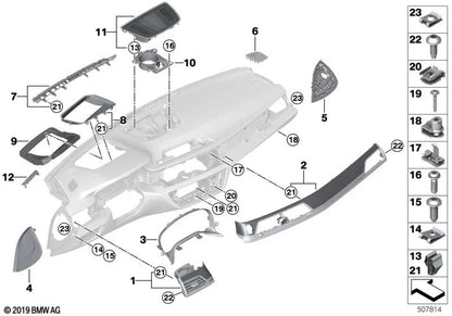 Chapa -Nuss für BMW E81, E82, E87, E88, E90, E93, F30, F31, F34, F80, F32, F33, F36, F82, F83, E63, E64, F06, F12, F13, F01, F02, F04, F04, F04, G11, G12, I12, I15, E84, E70, F15, F85, E71, F16, F86, E85, E86 (OEM 51718261093). Original BMW.