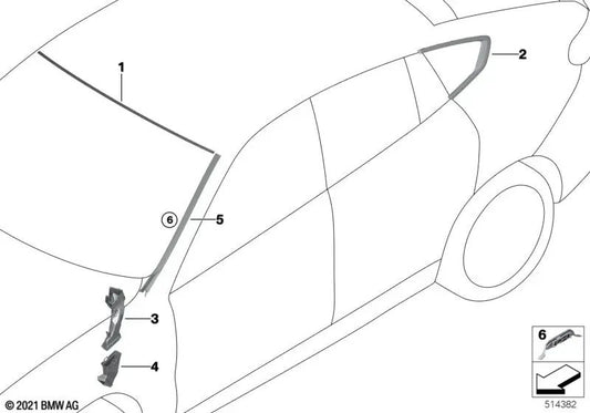 Moulage de la fenêtre côté arrière gauche pour BMW X6 F96, G06, G06N (OEM 51377446221). BMW d'origine.