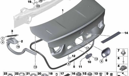 Bisagra de maletero izquierda OEM 41007420783 para BMW F30, F35, F80, F32, F82. Original BMW.