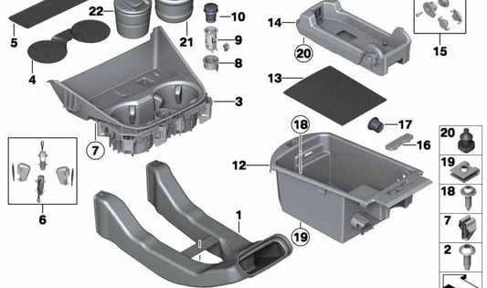 Soporte portavasos OEM 51169301723 para BMW X3 F25 y BMW X4 F26. Compatible con versiones sDrive y xDrive. Accesorio original BMW para consola central.