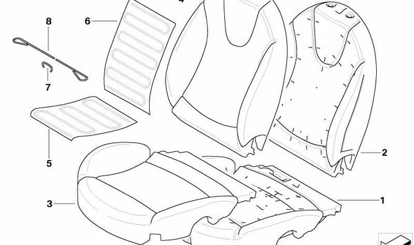 Funda de asiento de cuero derecho OEM 52109165404 para MINI R55, R56, R57. Recambio original MINI para modelos Clubman, Hatch y Cabrio.