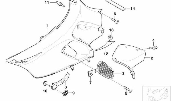 Carcasa lateral izquierda OEM 46637679041 para BMW Motorrad K 1200 LT (KK58) 2004–2009. Pieza original BMW Motorrad. Ideal para reemplazar carenado lateral dañado o desgastado.