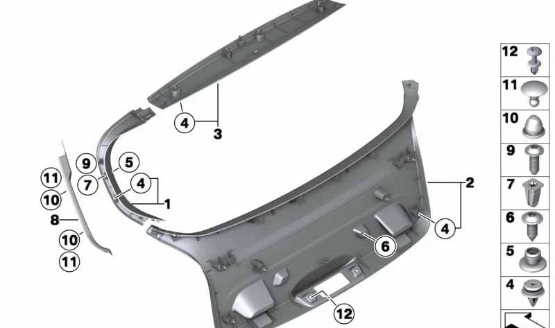 Caminho inferior do portão traseiro OEM 51497239905 para BMW F20, F21. BMW original.