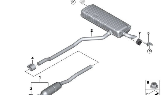 Silencioso trasero OEM 18305A37517 para BMW Serie 1 F70 y Serie 2 U06. Compatible con modelos: F70 116i, 118i, 120i; U06 216i, 218i. Original BMW.
