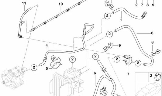 Suporte de mangueira para BMW F30, F35, F36, E39, E60, E61, F07N, F10, F11, F18, E63N, E64N, E84, F15 (OEM 13311307296). BMW original.