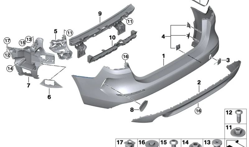 Parachoques trasero imprimado OEM 51129464155 para BMW F44. Compatible con sensores PDC y PMA. Original BMW.
