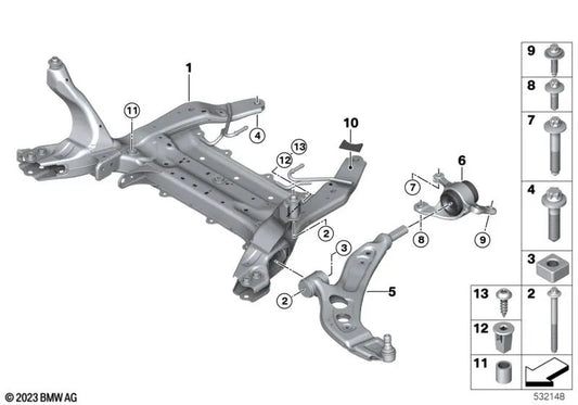 Vorderachsestütze für BMW F40, F52, F44, F45, F45N, F46, F46N, F48, F48N, F49, F39 (OEM 31116872729). Original BMW