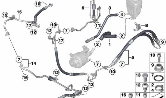Tubo de retorno Dynamic Drive OEM 32416796372 para BMW F07, F10, F11, F06, F12, F13, F01, F02. Compatible con sistemas de suspensión activa Dynamic Drive. Original BMW.