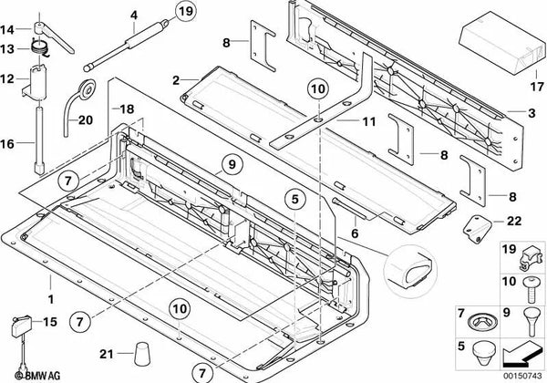 Soporte amortiguador a gas izquierdo para BMW E64, E64N (OEM 51177117835). Original BMW.