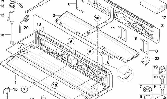 Soporte derecho para amortiguador del maletero OEM 51177117836 para BMW E64 y E64N. Pieza original BMW.