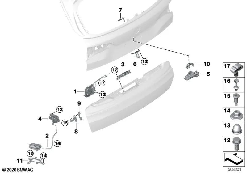Rear tailgate closing aid lower left for BMW X5 F95, G05, G18, X7 G07 (OEM 51249482991). Original BMW.
