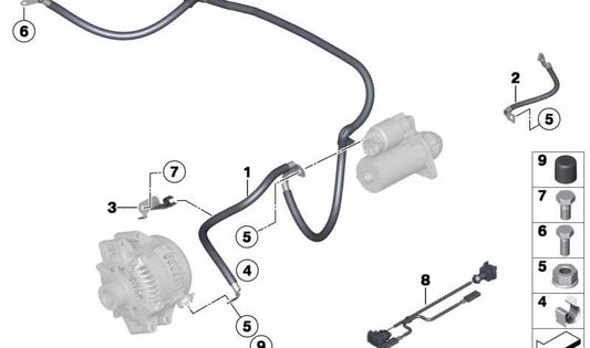 Cable de alternador y arranque B+ OEM 12427588109 para BMW F25, F26, F10, F11, F07, F01, F02, F04, F12, F13, F06. Original BMW.