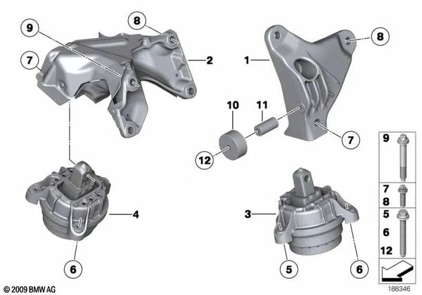 Soporte del motor derecho OEM 22116786292 para BMW F01 740i, F02 740Li... y más. Original BMW.