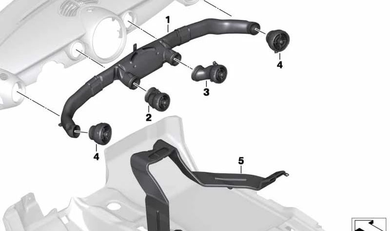 Tubo de salida de aire central izquierdo OEM 51452754451 para MINI R55 Clubman, R56, R57 Cabrio, R58 Coupé, R59 Roadster... y más. Original MINI.