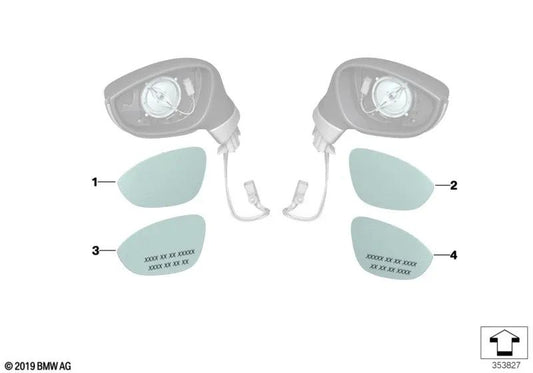 Left wide angle heated mirror glass for BMW I12, I12N, I15, E89 (OEM 51167251685). Original BMW