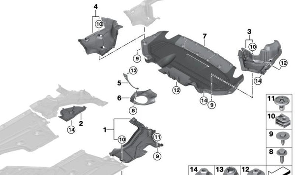 Protección inferior trasera derecha OEM 51757374766 para BMW G14, G15, G16 840d xDrive. Compatible con modelos desde 2018 hasta 2026. Pieza original BMW.