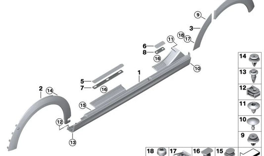 Embellecedor paso de rueda trasero izquierdo OEM 51115A3C7F7 para MINI F55, F56. Original MINI.