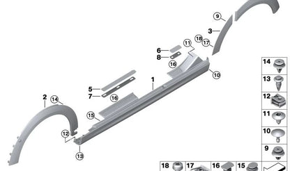 Moldura arco de rueda delantera izquierda OEM 51115A3C7E5 para MINI F56 LCI, F55 LCI, Cabrio F57 LCI. Original MINI.
