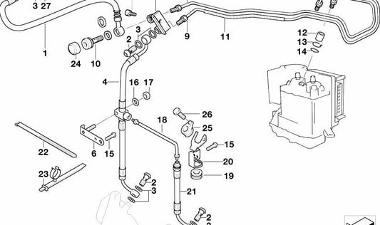 Latiguillo de freno OEM 34327653812 para BMW Motorrad R2, 3/20, 327, 2000. Compatible con todos los modelos indicados. Recambio original BMW Motorrad.