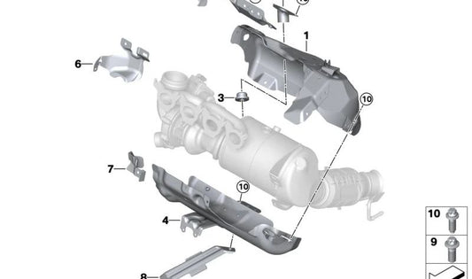 Protector térmico colector escape OEM 11658489630 para BMW F40, F44, U11, F39, U10 y MINI F54N, F60N, U25. Original BMW y MINI.