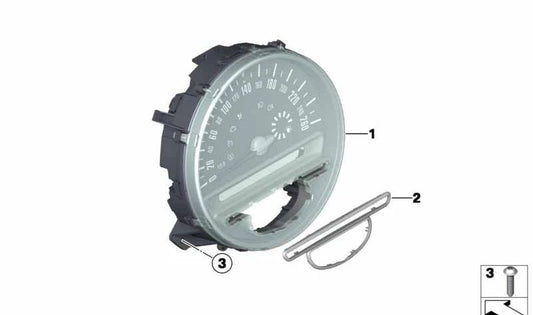 Cuadro de instrumentos velocímetro (KM/H, color plata) OEM 62109232430 para MINI R55, R56, R57, R58, R59, R60, R61. Original MINI.