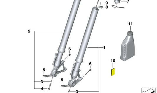 Forek da frente esquerdo OEM 31428545857 para BMW Motorrad R1200GS, R1200GS Aventura, R1200R, R1200RT (K25, K26, K27, K28). Substituição original BMW Motorrad.