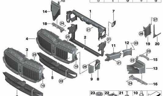 Tapa derecha de guía de aire OEM 51138079584 para BMW G11 y G12 (730d, 730i, 730d xDrive). Válida para modelos producidos entre 03/2019 y 06/2022. Original BMW.