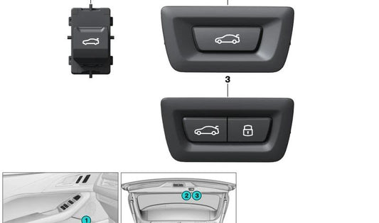 Interruptor apertura maletero OEM 61315A1B2F9 para BMW F70, U06, G60, G61, G68, G90i, I20, U11, U12, U10 y MINI U25. Compatible con sistemas de apertura eléctrica. Original BMW y MINI.