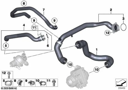 Water feed hose/heat exchanger for BMW E70N, E71 (OEM 11537589949). Original BMW.