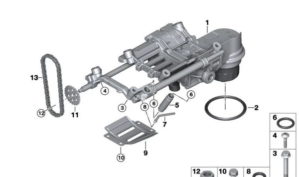 Tubería de aceite de motor OEM 11417508659 para BMW E60 540i y 545i. Compatible con motores N62. Modelos: E60 540i (NB11, NB12, NB21, NB22, NW31, NW32, NW41, NW42), E60 545i (NB31, NB32). Original BMW.