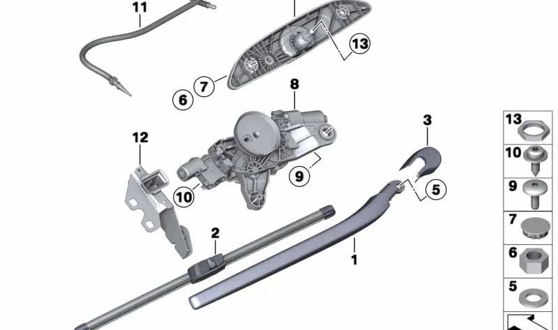 Cojinete del limpiaparabrisas trasero OEM 61627355820 para BMW F11 y F11N (Serie 5 Touring). Original BMW.