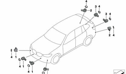 Sensor de aparcamiento ultrasónico gris Donington OEM 66208064927 para BMW F90, G30, G31, F97, F98, F85, F16, F86. Compatible con sistemas PDC y Parkmanöverassistent. Original BMW.