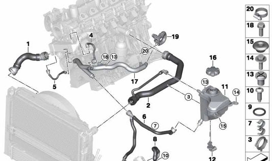Upper radiator hose to cylinder head OEM 17127789587 for BMW E90, E91, E92, E93. Original BMW