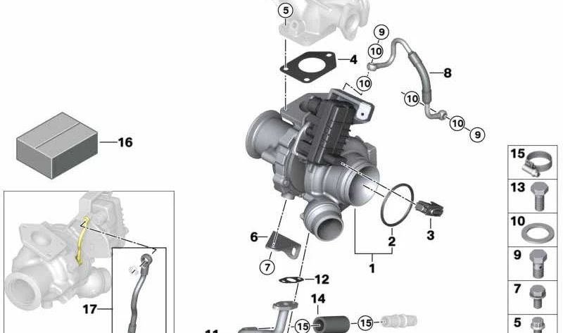 BMW clamp 1 F20 Series, F21, Series 2 F22, Series 3 E90N, E91N, E92N, E93N, F30, F31, F34, Series 4 F32, F33, F36, Series 5 F07, F10, F11, X1 E84, X3 F25 , X5 F15 (OEM 11657810618). Original BMW