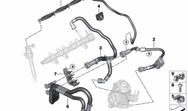 Tubo de retorno de combustible OEM 13538595120 para BMW G42, G20, G21, G28, G22, G23, G26, G30, G31, G32, G01, G02. Original BMW.