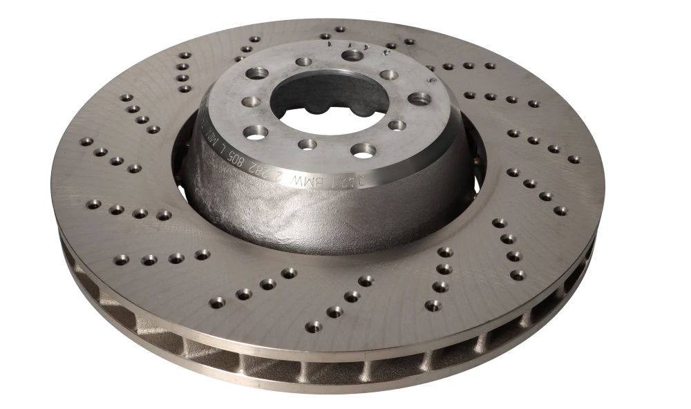 Disco de freno ventilado y perforado izquierdo OEM 34112282805 para BMW E60, E61, E63, E64. Original BMW.