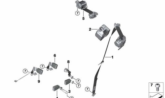 Cinturón trasero central OEM 72117441675 para BMW X2 (F39: M35i, 20d, sDrive16d, sDrive18d). Original BMW.