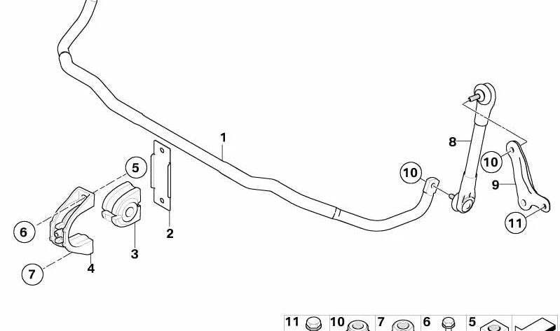 Soporte izquierdo estabilizador OEM 31356758527 para BMW E60, E60N, E61, E61N, E63, E63N, E64, E64N. Original BMW.