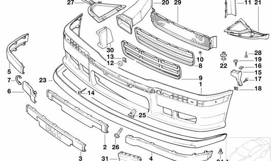 Impressão do spoiler frontal OEM 51112233839 para BMW 3 E36 E36 {316G, 316i, todos os modelos e transmissões}. BMW original.