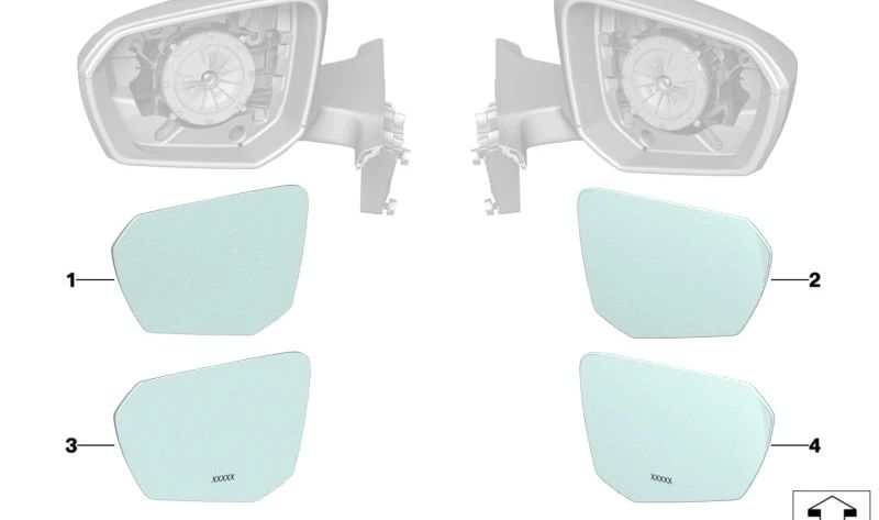 Left wide angle mirror glass for BMW I20 (OEM 51165A08471). Original BMW.
