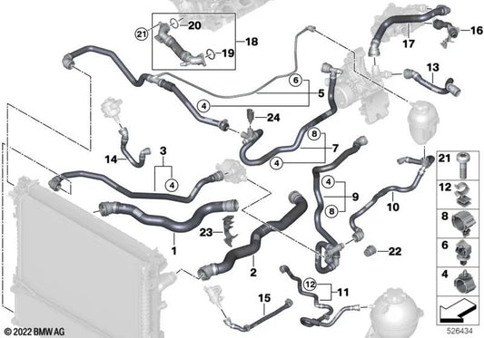 Tubo de refrigerante adiantado para BMW X5 G05N, X6 G06N, X7 G07N (OEM 17125A1BD40). BMW original.