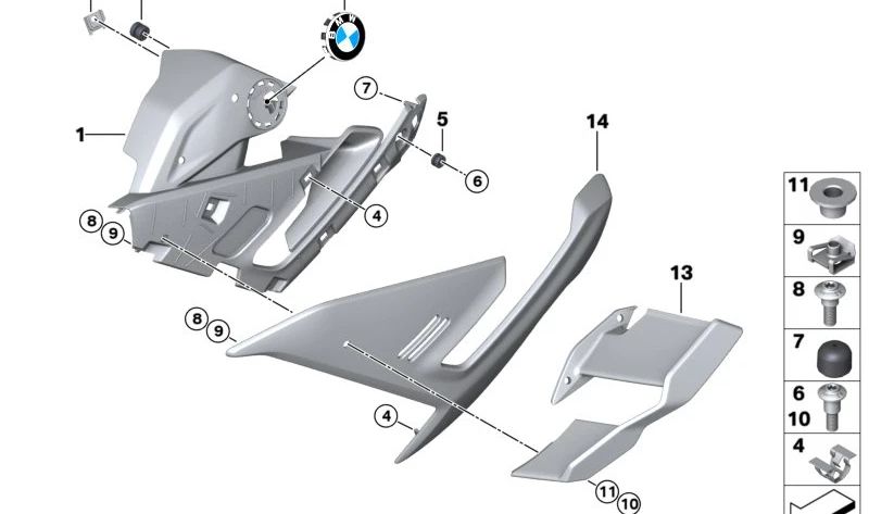Deflector lateral izquierdo imprimado OEM 46637105005 para BMW Motorrad M 1000 R (MKM3, código modelo 0E81). Original BMW Motorrad.