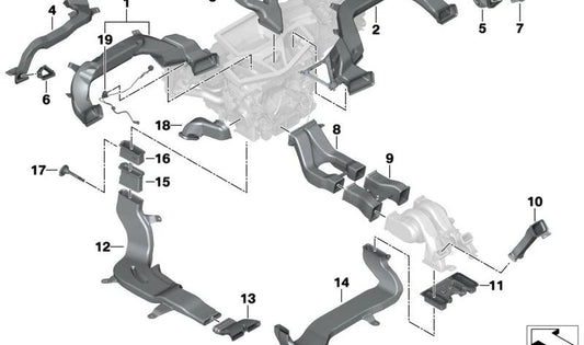 Rear left passenger compartment air duct adapter for BMW X5 F95, G05, G18, X6 F96, G06 (OEM 64117943713). Original BMW